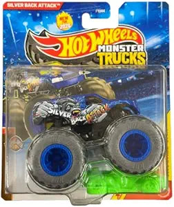 Hot Wheels Monster Trucks Silver Back Attack, Stripes Earned 2/4 [Includes Crushed Car] New for 2026! 1:64 Scale Diecast Toy Vehicle