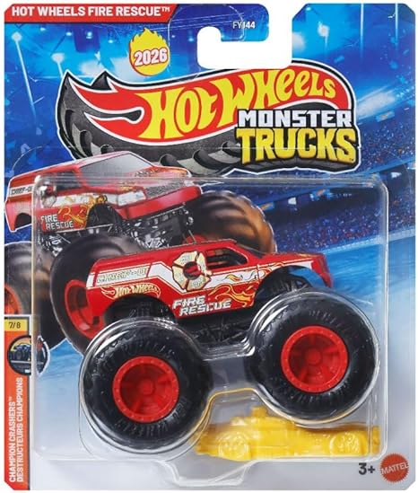 Hot Wheels Monster Trucks Fire Rescue, Champion Crashers 7/8 [Includes Crush Car] New for 2026! 1:64 Scale Diecast Toy Vehicle