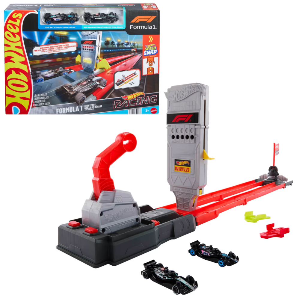 Hot Wheels: Racing Formula 1 Grid Start Track Set & 2 Die-Cast F1 Cars in 1:64 Scale