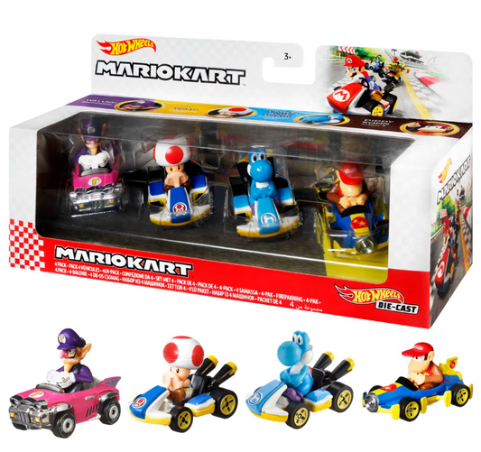 Hot Wheels Mario Kart Set Of 4 Toy Character Vehicles, Includes 1 Exclusive Mario Toy